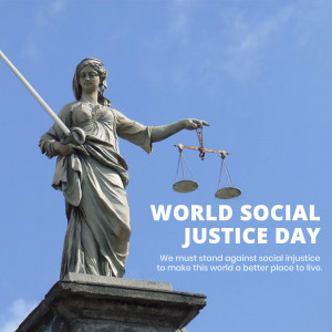 Statue of Lady Justice with scales against a blue sky, promoting World Social Justice Day.