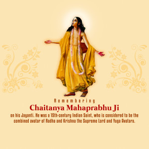 Image of Chaitanya Mahaprabhu Ji with text commemorating his Jayanti