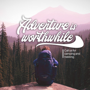 Backpacker looking at mountains with text 'Adventure is worthwhile'
