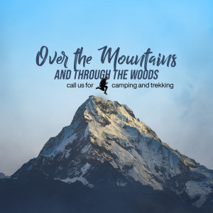 Silhouette of a hiker running on a mountain peak with text 'Over the Mountains and Through the Woods'