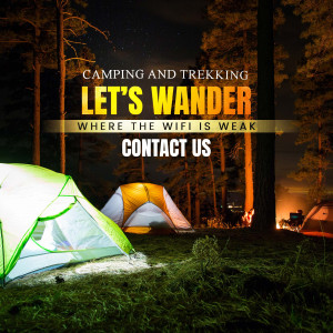 Camping tents illuminated at night under a starry sky with text overlay 'Let's Wander'