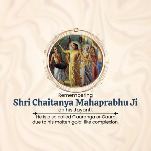 Image of Shri Chaitanya Mahaprabhu Ji with devotees, commemorating his Jayanti.