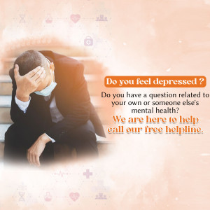 A man sitting on stairs with his head in his hands, with text asking if you feel depressed and offering a free helpline.