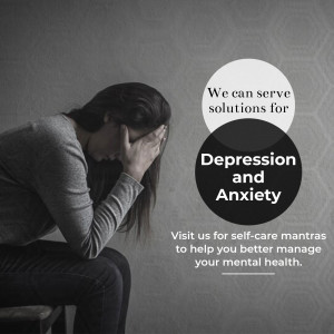 Woman experiencing distress with text about depression and anxiety support.