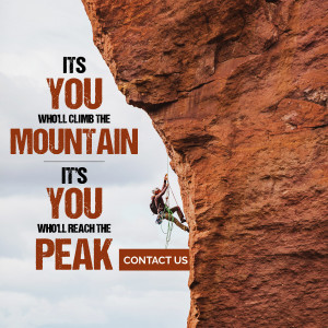 Rock climber scaling a steep cliff with motivational text.