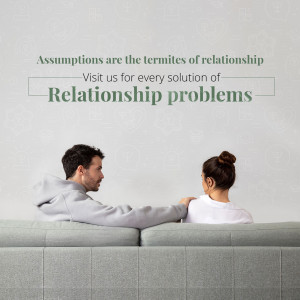 Couple sitting on a couch with text about relationship problems and assumptions.