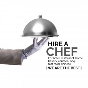 Hand presenting a silver dome cover with text 'Hire a Chef'