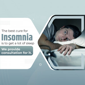 Man lying in bed looking stressed with text about insomnia cure.