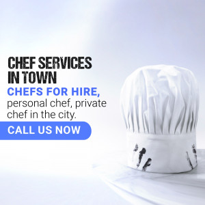 Chef's hat with text advertising chef services and a call to action.