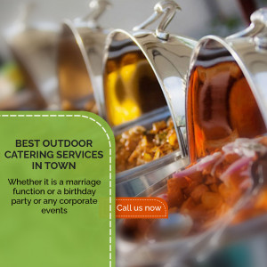 Close-up of traditional Indonesian food served in ornate metal containers, with catering advertisement.