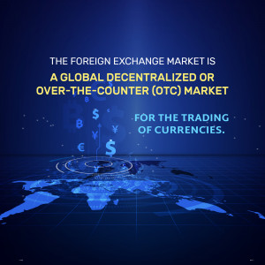 Image depicting the global foreign exchange market with currency symbols and a world map.