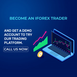 Image promoting iForex trading with a laptop displaying a trading chart and a call to action.