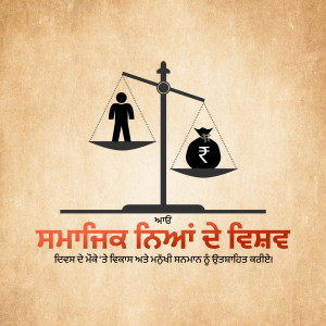 Scales of justice with a person and a bag of money, representing fairness and financial balance.