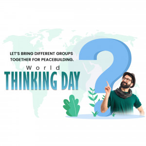 Illustration of a man pointing upwards with a world map and a question mark in the background, promoting World Thinking Day and peacebuilding.