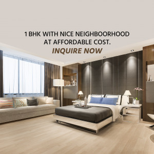 Modern 1 BHK bedroom with comfortable furnishings and a call to inquire.