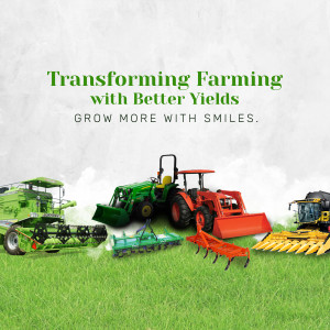 Modern farming equipment including tractors and harvesters on a green field.