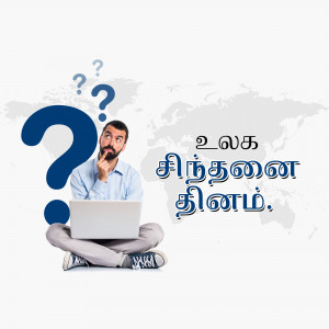 A man sitting cross-legged with a laptop, surrounded by question marks and a world map.