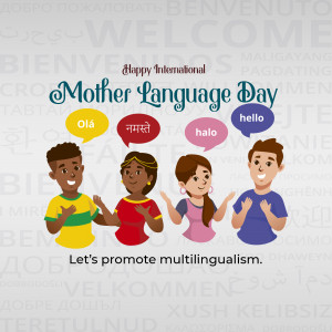 Illustration celebrating International Mother Language Day with diverse people and greetings in different languages.