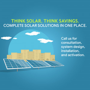 Illustration of solar panels on a rooftop with a city skyline and clouds, promoting solar energy savings.