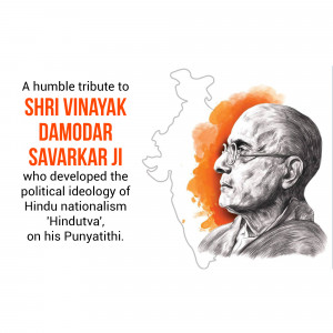 Portrait of Shri Vinayak Damodar Savarkar Ji with India map and text tribute