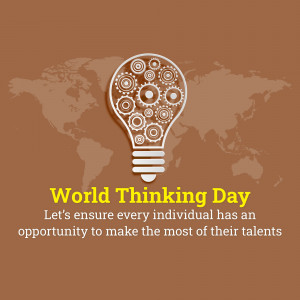 World Thinking Day graphic with a lightbulb made of gears and a world map background.