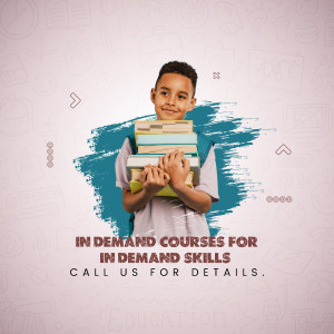 A young boy carrying a stack of books with text promoting in-demand courses.
