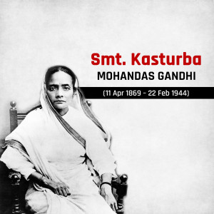 Black and white portrait of Kasturba Gandhi with dates of birth and death.
