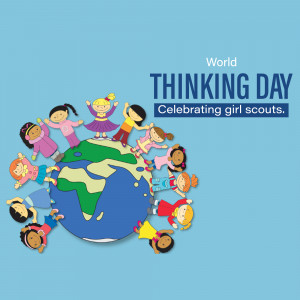 Illustration of diverse Girl Scouts holding hands around the Earth for World Thinking Day.