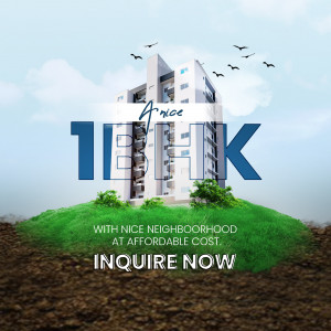 Image of a modern apartment building with promotional text for 1 BHK apartments.