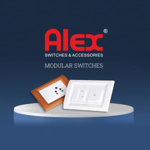 Image of Alex modular switches in wood and white finishes on a pedestal.