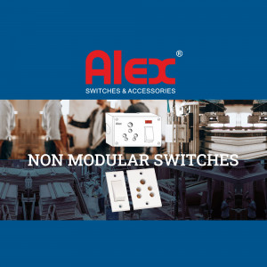 ALEX Non-Modular Switches advertisement with product display and factory background