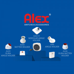 ALEX electrical switches and accessories including modular angle holders and batten holders.