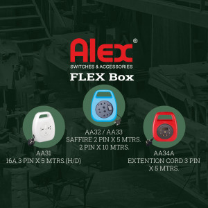 ALEX Flex Box product display with various electrical boxes and cords.