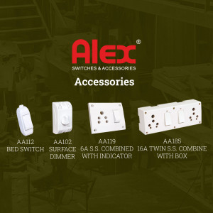 ALEX electrical switches and accessories displayed in a room setting