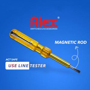 Yellow and orange magnetic rod line tester with the Alex logo