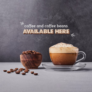 A cup of latte with coffee beans and a wooden bowl.