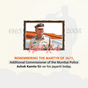 Portrait of Ashok Kamte, a Mumbai Police officer, with a tribute message.