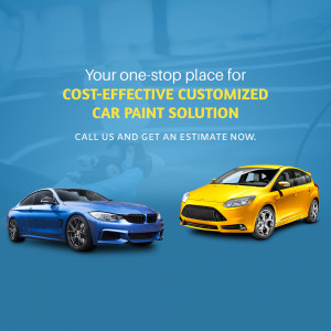 Two cars, a blue BMW and a yellow Ford, advertising car paint solutions.
