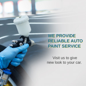 A hand holding a paint sprayer applying paint to a car, advertising auto paint services.