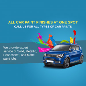 Blue car with colorful paint splashes and text advertising car paint finishes.