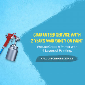 Paint spraying gun with text about guaranteed service and warranty