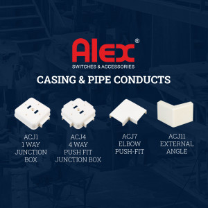 ALEX brand electrical casing, switches, and pipe conduits including 1 way junction box, 4 way junction box, elbow push-fit, and external angle.