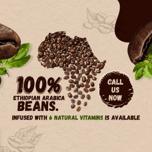 Image of Ethiopian Arabica coffee beans shaped like the continent of Africa with text promoting 100% Arabica and natural vitamins.