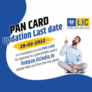 Image showing a man pointing upwards with text about updating PAN card details for LIC policies.
