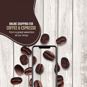 Coffee beans and a smartphone displaying an online shopping promotion for coffee and espresso.
