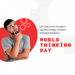 A young man thoughtfully looking upwards with gears and a heart graphic, promoting World Thinking Day.