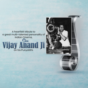 Black and white image of Vijay Anand Ji with film reel design