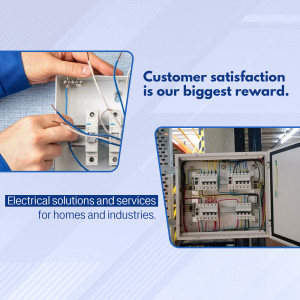 Electrician working on electrical panel with text about customer satisfaction and electrical solutions.