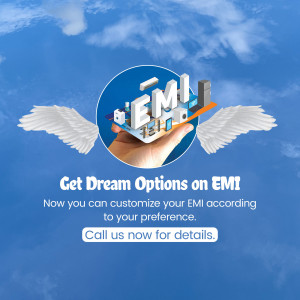 Image depicting EMI options with a hand holding a card with wings and text promoting customizable EMI plans.