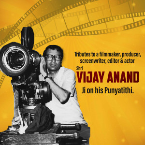 Black and white portrait of Vijay Anand with a film camera